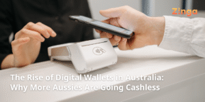 Illustration showing Australians using digital wallets on smartphones, highlighting the rise of cashless payments in Australia.