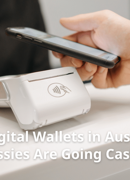 Illustration showing Australians using digital wallets on smartphones, highlighting the rise of cashless payments in Australia.